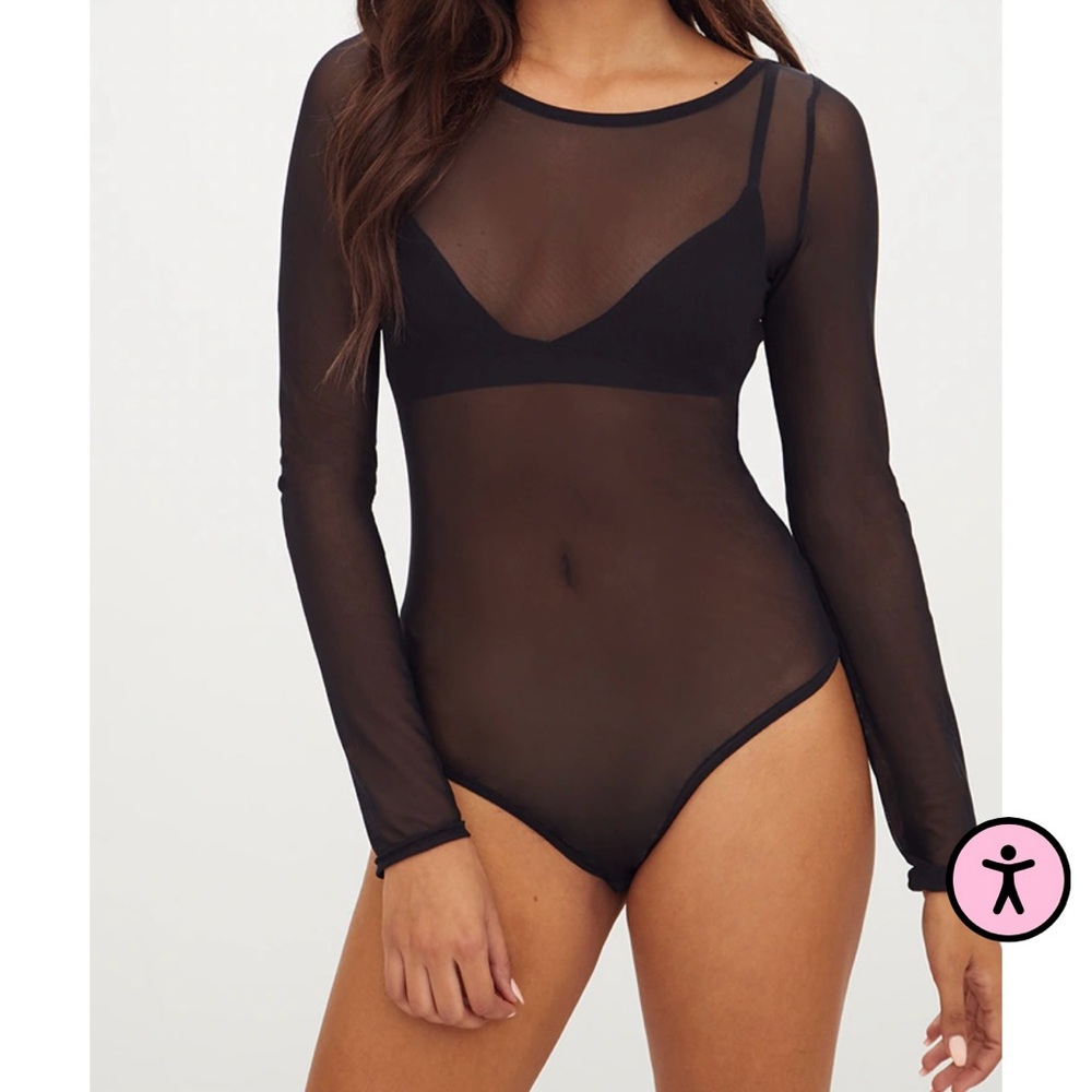 Pretty Little Thing Black Mesh Crew Neck Long Sleeve Thong Bodysuit